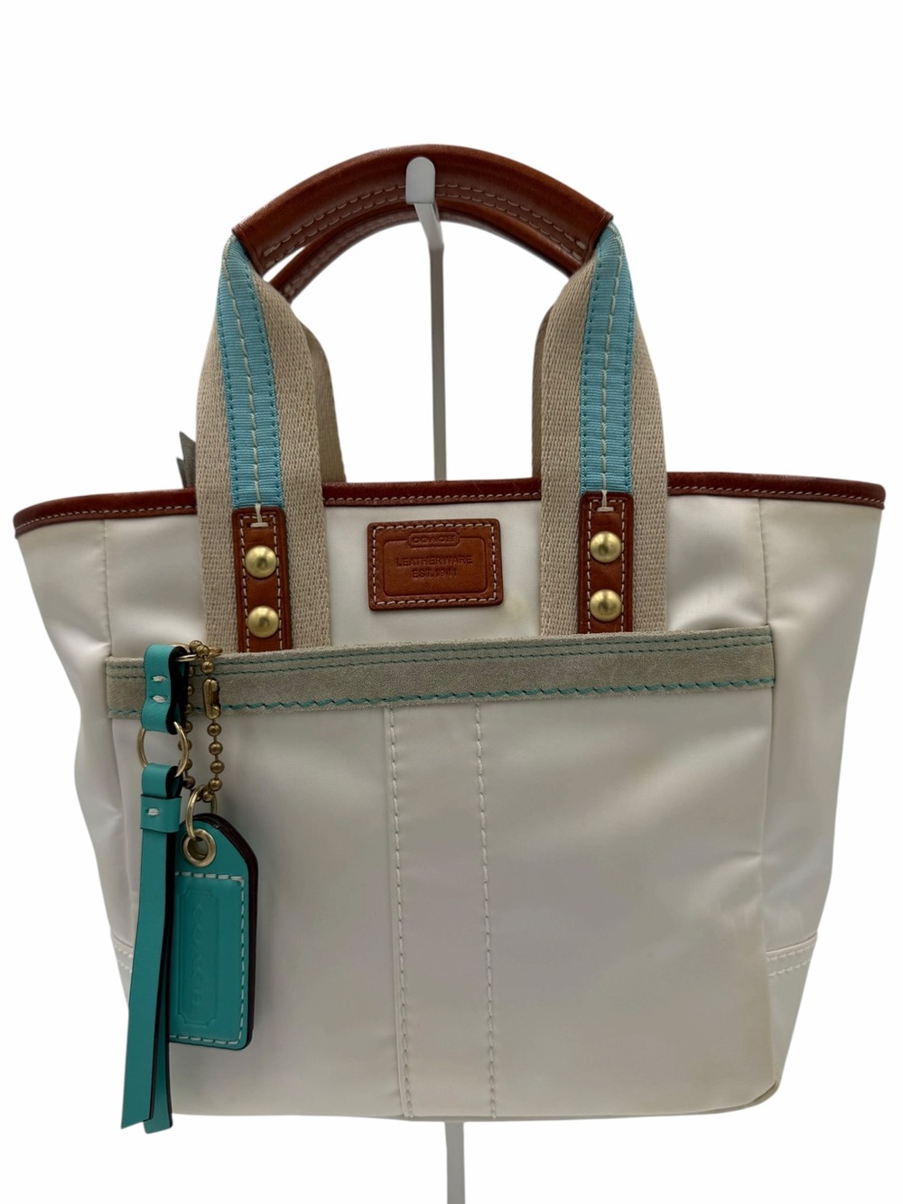 Vintage Coach Hampton White & Aqua Nylon Mini Tote Bag Leather Trim